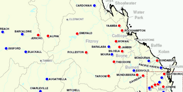 Location map - 2011 Rolleston (Red dots - flood inundated towns. Blue dots - flood affected towns)